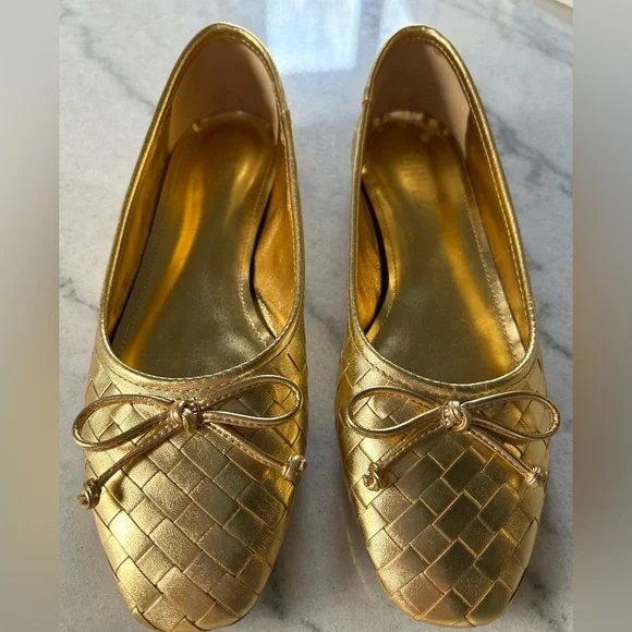 SCHUTZ Gold Woven Ballet Flats with Bow Accent - Picture 2 of 6